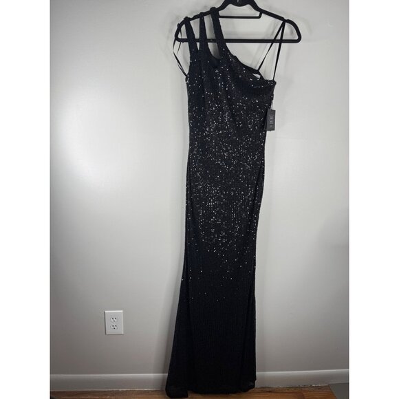 NEW Ieena for Mac Duggal Black Sequin Gown One Shoulder Column Size 0 42029 - Picture 4 of 8